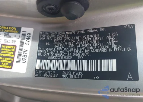 2009 Toyota Sienna Le из США, поврежденный, VIN 5TDZK23C79S255337